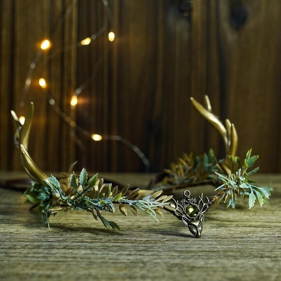 Woodland Gold Antler Crown Fairy Floral Circlet for Women Renaissance Halloween main image 7